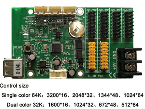 Bx-u4l P10 LED Signs Control Card, P10 Display Module Control Card, Single & Double Color Advertising LED Panel Controller - a green rectangular circuit board with a USB port, multiple pin headers, jumpers, and a power terminal block.