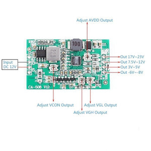 Ca-508 Boost Board Module LCD Tcon Board Vgl Vgh Vcom Avdd 4 Channel Adjustable Step Up Module - a green rectangular circuit board with four adjustable potentiometers, input pins, and output pads labeled with voltage ranges.