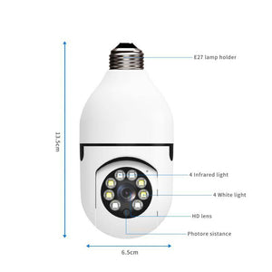 Camera V380 Pro E27 360 Degree LED Light 720P Wireless Panoramic Home Security Bulb Lamp Ip Camera - shown as a white diagram with dimensions, labels for the lamp holder, lens, lights, and photoresistor.