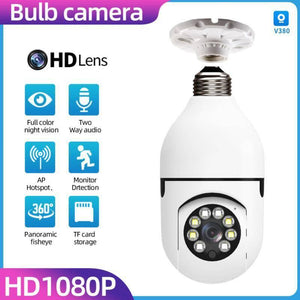 Camera V380 Pro E27 360 Degree LED Light 720P Wireless Panoramic Home Security Bulb Lamp Ip Camera - shown as a white, dome-shaped security device with an E27 screw base, a central lens, and surrounding LED lights on a blue background.