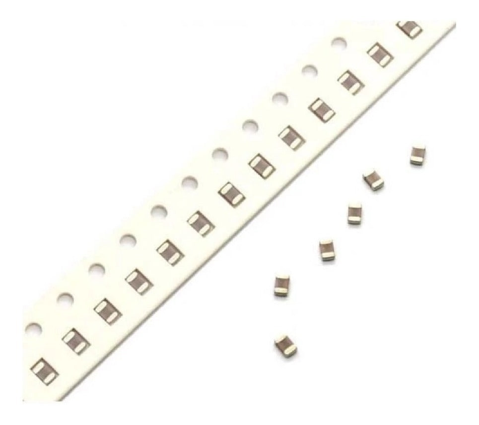 Capacitor 10uF SMD 0805 10uF 50V - shown as a collection of small, rectangular brown and silver surface-mount components alongside a white carrier tape strip.