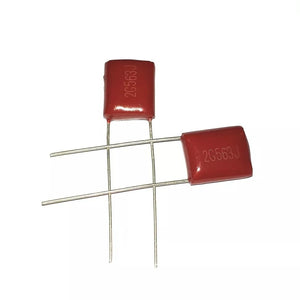 Capacitor 56nF 400V ±5% CL11 (2G563J) - High Voltage Polyester Film Capacitor - two rectangular red polyester film capacitors with two metal leads each, featuring the text 2G563J printed on them.