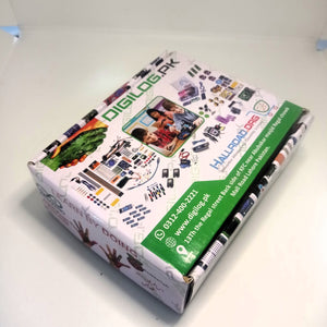 Carboard Box For STEM Kit - a white rectangular box featuring Digilog.pk branding, contact information, and illustrations of electronic components.