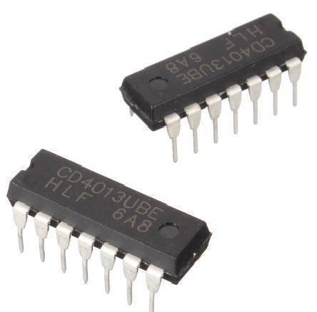 CD4013 d Type Flip Flop - shown as two black integrated circuit chips with fourteen metal pins each, featuring the text CD4013UBE printed on top.
