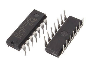 CD4013 d Type Flip Flop - shown as two black 14-pin dual in-line package integrated circuits with silver metal pins against a white background.