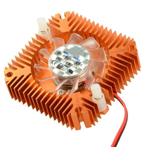 Centiot - 2 Pin Graphics Cards Cooling Fan Aluminum Heatsink Cooler Fit For Personal Computer CPU GPU And Peltier (55mm 2pin Gold) - a square gold-colored aluminum heatsink with a central fan and two white plastic mounting pins.