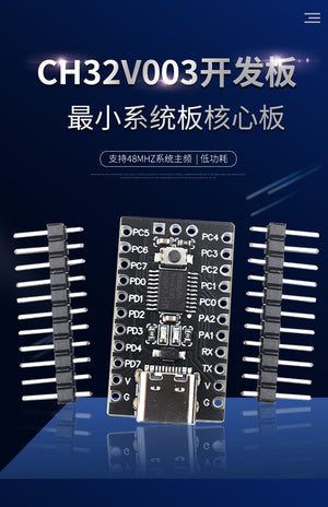 CH32V003F4P6 Risc-v Microcontroller Development Board | Best Price | Digilog - a black rectangular PCB with a USB-C port, two rows of pin headers, and labeled GPIO pins on a blue background.