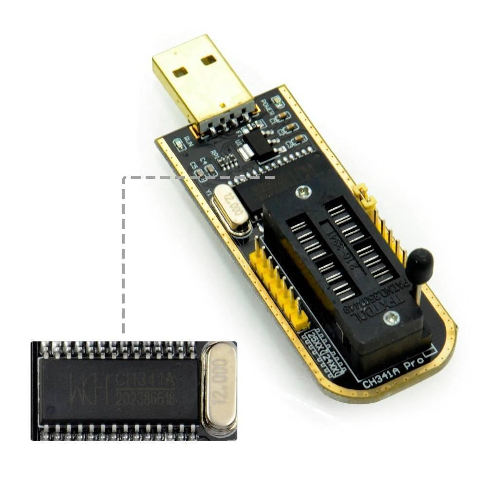 CH341A Programmer For Dish Tv Laptop Memory IC - a black circuit board with a USB connector, a ZIF socket, and a close-up inset of the chip.