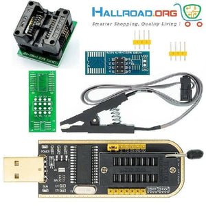 CH341A Programmer + Socket + SOP8 Test Clip For Dish Tv Laptop Memory IC Programmer - kit including a black USB programmer, a green SOP8 socket adapter, a green PCB board, a black IC test clip, and two yellow pin headers.