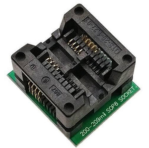 CH341A Programmer + Socket + SOP8 Test Clip For Dish Tv Laptop Memory IC Programmer - a black plastic test socket with gold-plated pins mounted on a small green circuit board.