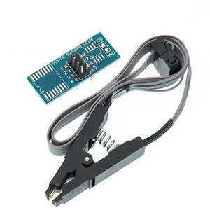 CH341A Programmer + Socket + SOP8 Test Clip For Dish Tv Laptop Memory IC Programmer - accessory kit showing a blue SOP16/8-DIP8 adapter board with pins and a black SOP8 test clip connected by a grey ribbon cable.