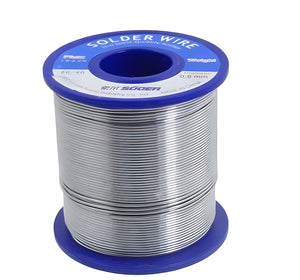 China 400 Gram Soldering Wire - a silver-coloured metal wire wound around a blue plastic spool with a label reading 0.8 mm.