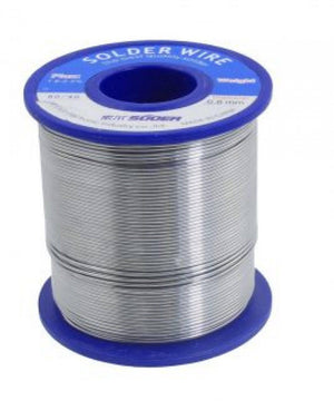 China 800 Gram Soldering Wire - shown as a large spool of silver-coloured metal wire wound around a blue plastic cylinder with a blue label on top.