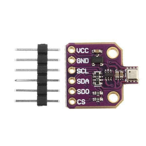 Cjmcu-680 BME680 Bosch Temperature And Humidity Pressure Sensor Ultra-small Pressure Height Development Board - a purple circuit board with six labeled pins and a separate six-pin header strip on a white background.