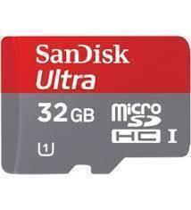 Class 10 Sandisk 32GB Ultra Micro SD Card For Raspberry Pi - MicroSDHC I memory card, a small grey and red rectangular card with white text showing the capacity and speed class.