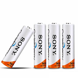 Clone 2 Pcs Sony Ni-MH AA 1.2V 500mAh To 1000mAh Rechargeable Battery - four white and orange cylindrical batteries arranged in a row, with one tilted and three standing upright.