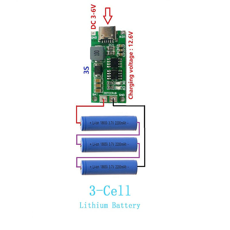 CN3303 4A 3S Type C 11.1V Step-Up Boost LiPo Polymer Li-ion Charger 12.6Vdc 18650 Lithium Battery - with wiring diagram showing 3-cell configuration.