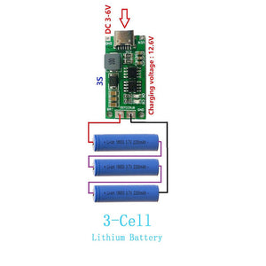 CN3303 4A 3S Type C 11.1V Step-Up Boost LiPo Polymer Li-ion Charger 12.6Vdc 18650 Lithium Battery - with wiring diagram showing 3-cell configuration.
