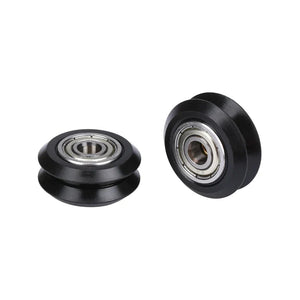 CNC V-slot Bearing Openbuilds Wheel Pom MR105ZZ 625ZZ Bore 5mm Passive Round Gear - two black V-groove wheels with central metal ball bearings positioned side-by-side against a white background.