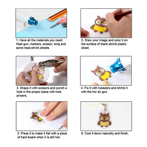 Compact 300W Mini Heat Gun – Portable Craft Heat Tool For DIY, Embossing, Paint Drying & Shrink Wrap - shown in a six-step instructional guide demonstrating how to use the tool to shrink plastic sheets into a craft ornament.