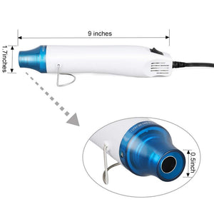 Compact 300W Mini Heat Gun – Portable Craft Heat Tool For DIY, Embossing, Paint Drying & Shrink Wrap - shown in a dimension diagram with a side view and a close-up of the blue nozzle, indicating a 9-inch length and 0.5-inch opening.