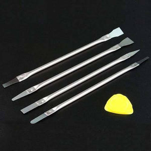 CPU Crowbar Set Stainless Steel Crowbars Mobile Phone Laptops LCD Mainboard Repair Tools For Iphone Ipad Electronics Fix Tool - four stainless steel double-ended pry tools arranged diagonally and one yellow triangular plastic opening pick on a black surface.