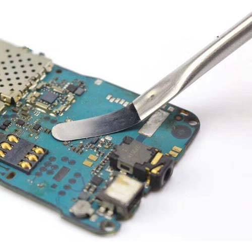 CPU Crowbar Set Stainless Steel Crowbars Mobile Phone Laptops LCD Mainboard Repair Tools For Iphone Ipad Electronics Fix Tool - a silver stainless steel crowbar tool prying against the blue circuit board of a mobile phone.