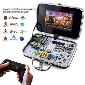 Crowpi Compact Raspberry Pi 4 4GB Educational Kit - a screen playing a fighting game, circuit board, and controller.