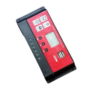 CS2024Z Solar Charge Controller - a rectangular device with a red faceplate, an LCD screen, three buttons, dual USB ports, and six screw-terminal inputs.