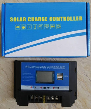 CS2024Z Solar Charge Controller - shown with its blue product box, featuring an LCD screen, USB ports, and terminal connections on the black controller unit.