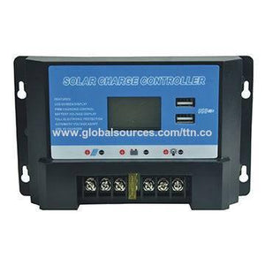 CS2024Z Solar Charge Controller - a black rectangular device with a blue front panel featuring an LCD screen, two USB ports, and screw terminal connectors.