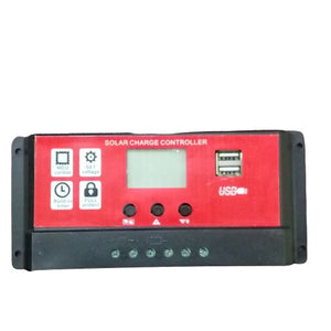 CS2024Z Solar Charge Controller - a rectangular black device with a red front panel featuring an LCD, three buttons, two USB ports, and six screw terminals.