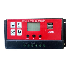 CS2024Z Solar Charge Controller - a rectangular black and red device with an LCD screen, three buttons, two USB ports, and six screw terminals.
