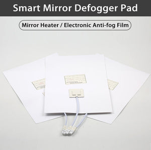 Customizable 300*400mm Bathroom Mirror Heating Pad Pet Electronic Defogger Film For Smart Mirror 220V Factory Direct - three thin white rectangular heating films with electrical power cables and connectors attached to the center unit.