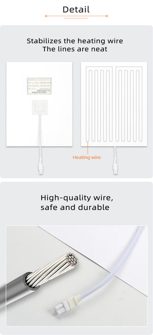 Customizable 300*400mm Bathroom Mirror Heating Pad Pet Electronic Defogger Film For Smart Mirror 220V Factory Direct - the white heating film with an internal wire grid, a connection port, and a close-up of the wire.