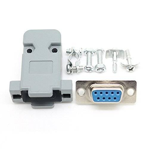 dB-9 DB9 RS232 Female Connector - shown as a disassembled kit with a grey plastic housing, a blue 9-pin female connector, and various metal mounting screws.