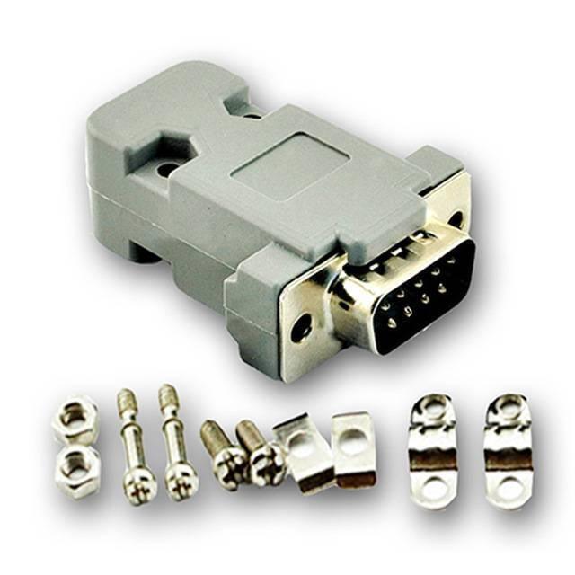 dB-9 DB9 RS232 Male Connector - with a grey plastic housing, shown with included mounting screws, nuts, and cable strain relief clamps.