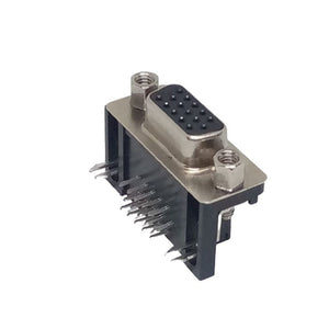 DB15 Female Right Angle Connector d Sub High Density PCB Mounting 15 Pin 3 Rows Connector Dbhd 15 - a silver and black 15-pin D-sub high-density component with three rows of pins and two mounting nuts.