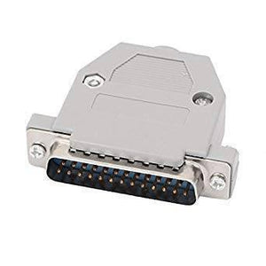 DB25 Connector 25 Pin Male Connector - shown as a grey plastic-housed male D-sub connector with 25 visible pins and two mounting screws.