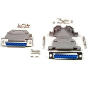 DB25 Female Solder D-sub Connector - shown as a disassembled kit with two grey plastic shells, two blue 25-pin connectors, metal cable clamps, and screws.