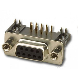 DB9 Female Right Angle Connector - shown as a metallic silver and black component with nine pin holes and vertical solder terminals.