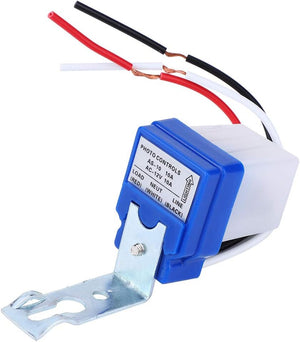 DC 12V Photocell Sun Switch Automatic On/off Light Control Sensor Switch 10A Day Night Sensor Switch For Lights - with a blue and white plastic housing, a metal mounting bracket, and three protruding red, white, and black wires.