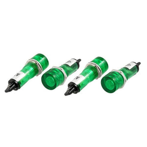 DC 12V Recessed Green Pilot Light Signal Indicator Lamp - four green cylindrical LED indicator lamps with threaded bodies and metal nuts.