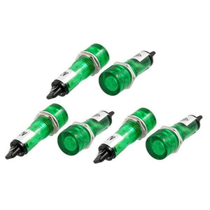 DC 12V Recessed Green Pilot Light Signal Indicator Lamp - shown as a group of six green cylindrical indicator lamps with threaded bodies and wire leads.