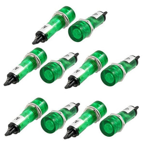DC 12V Recessed Green Pilot Light Signal Indicator Lamp - shown as a set of ten identical cylindrical green LED panel mount indicator lights.