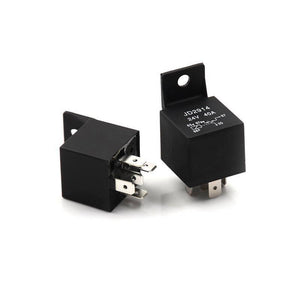 DC 24V 40A 5 Terminals Male Power Connector Relay - two black cubic relays with five metal contact pins and printed specifications on the top.