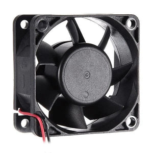 DC Brushless Fan 24V 0.15A 60mm X 60mm X 25mm - a square black cooling fan with seven blades and two red and black power wires extending from one side.