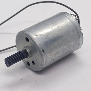 DC Motor 2V To 24V 5100RPM - a cylindrical silver metal motor with a black plastic worm gear on the shaft and two thin wires attached.