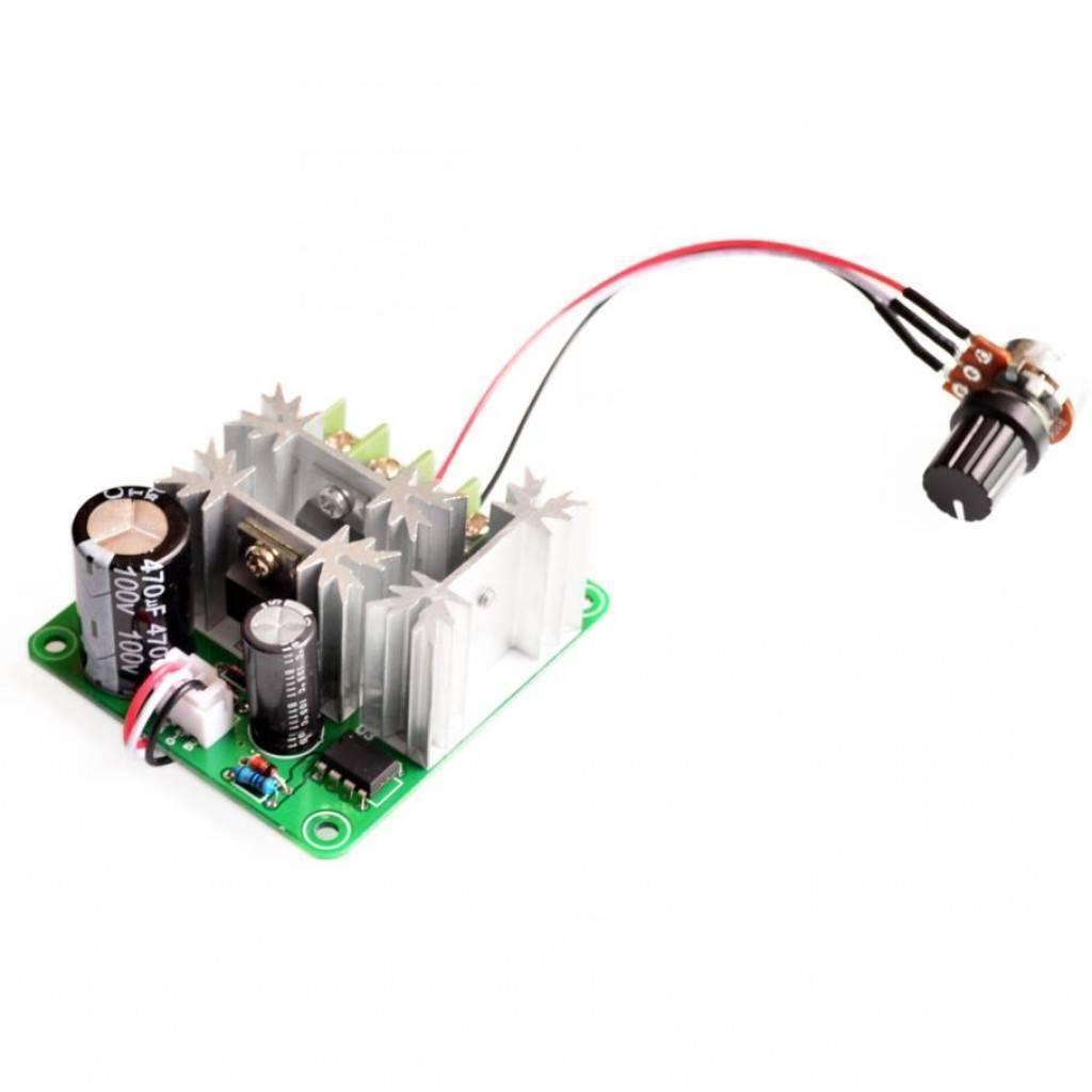 DC Motor Speed Controller DC 6V-90V 15A With Potentiometer - a green circuit board with large heatsinks, two capacitors, and a wired control knob.