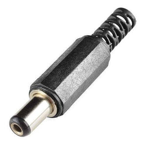 DC Power Connector Male 5.5mm External X 2.1mm Internal Dia - shown as a black, cylindrical male DC plug with a flexible strain relief spring at the end.